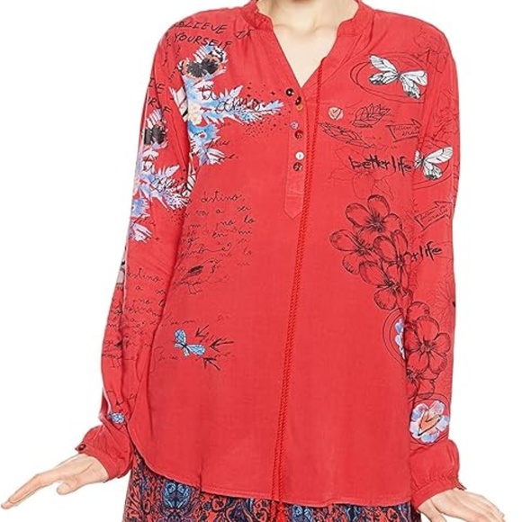 Desigual Tunic Lisa red graffiti blouse words size 4 - Picture 1 of 6